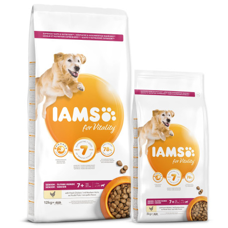Krmivo IAMS Dog Senior Large Chicken 12kg +DF Glow míček ZDARMA