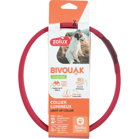 Obojek LED velký BIVOUAK 30-60cm USB červená Zolux
