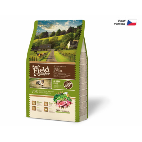 Sam's Field Gluten Free Beef & Veal Adult Medium, superprémiové granule pro dopělé psy středních plemen, 2,5 kg (bez lepku)
